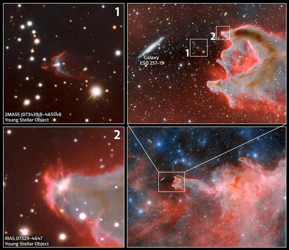 Diagramas do NOIRLab mostram a posição de duas estrelas jovens a nascerem no glóbulo cometário