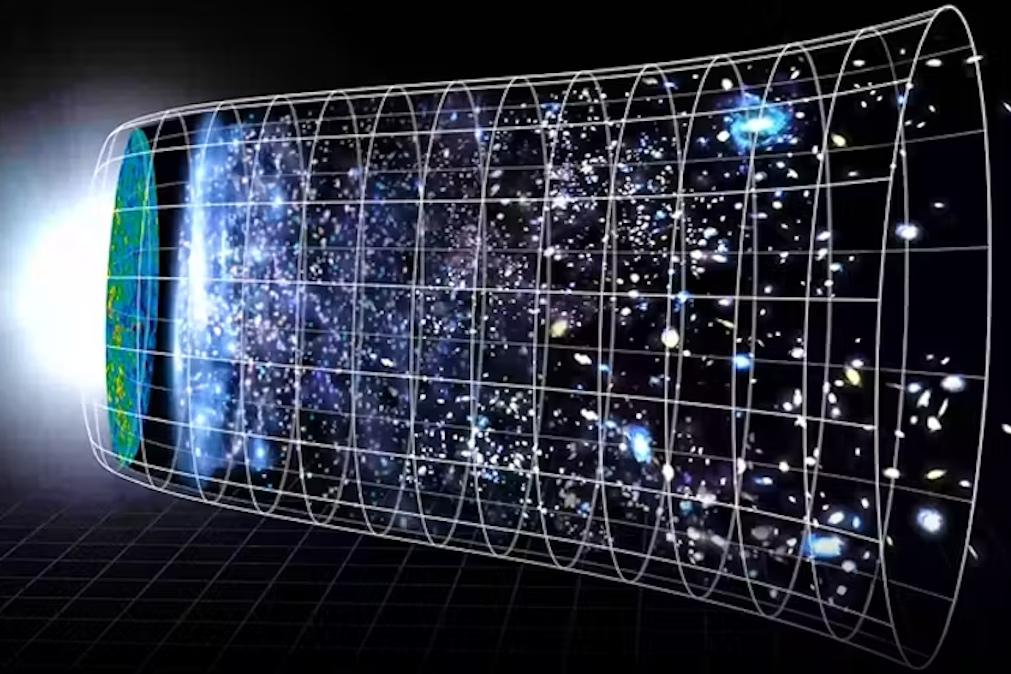 O funil de expansão mostra visualmente como a taxa de expansão do Universo aumentou ao longo do tempo. À esquerda do funil está o Big Bang e, desde então, o Universo tem se expandido em um ritmo cada vez mais rápido (NASA)